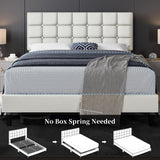Yaheetech Upholstered Bed Frame, Modern Queen Bed Platform with Square Stitched&Button Tufting Headboard Height Adjustable, Wooden Slats Support, No Box Spring Needed, Queen Size, Beige Yaheetech