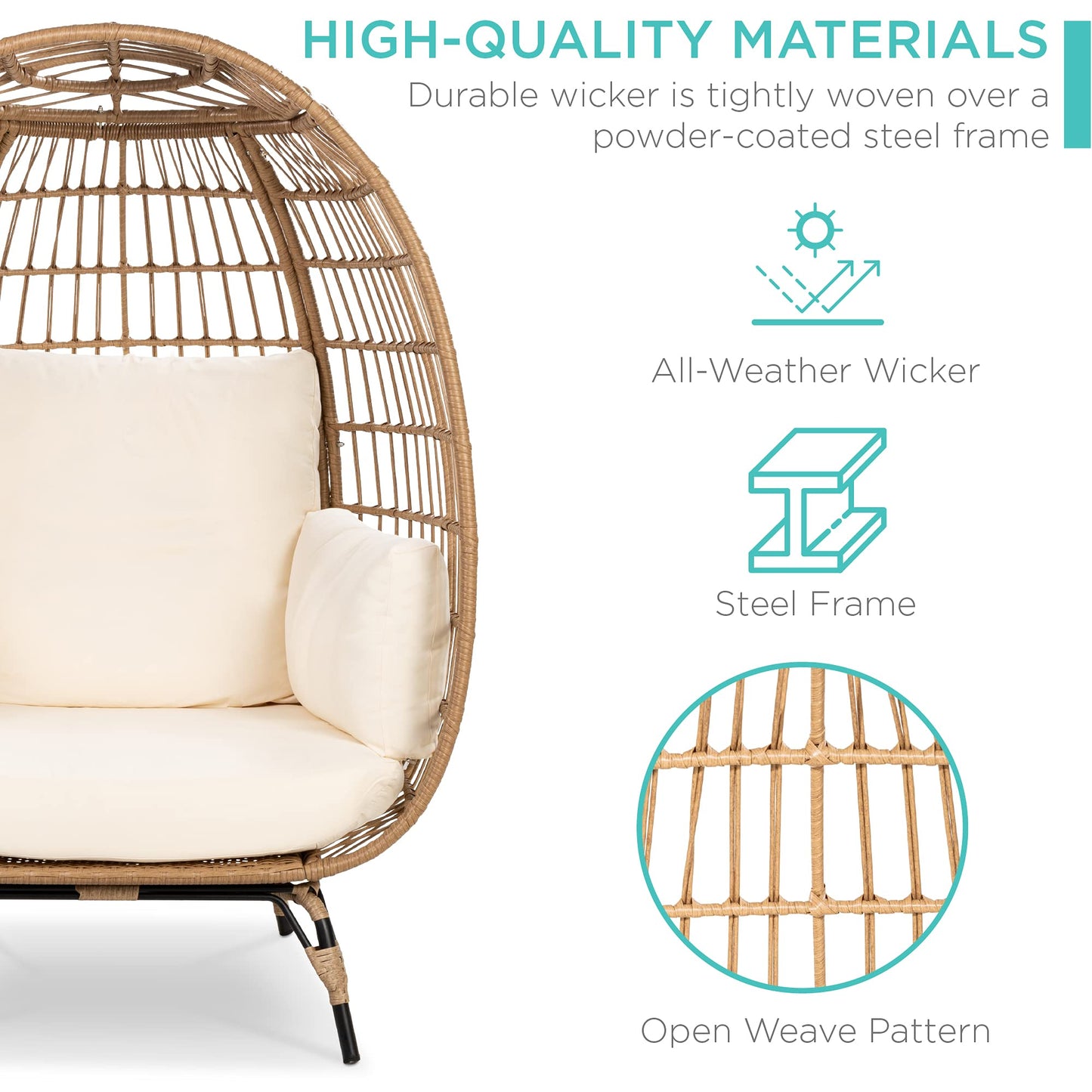 Best Choice Products Wicker Egg Chair, Oversized Indoor Outdoor Lounger for Patio, Backyard, Living Room w/ 4 Cushions, Steel Frame, 440lb Capacity - Ivory