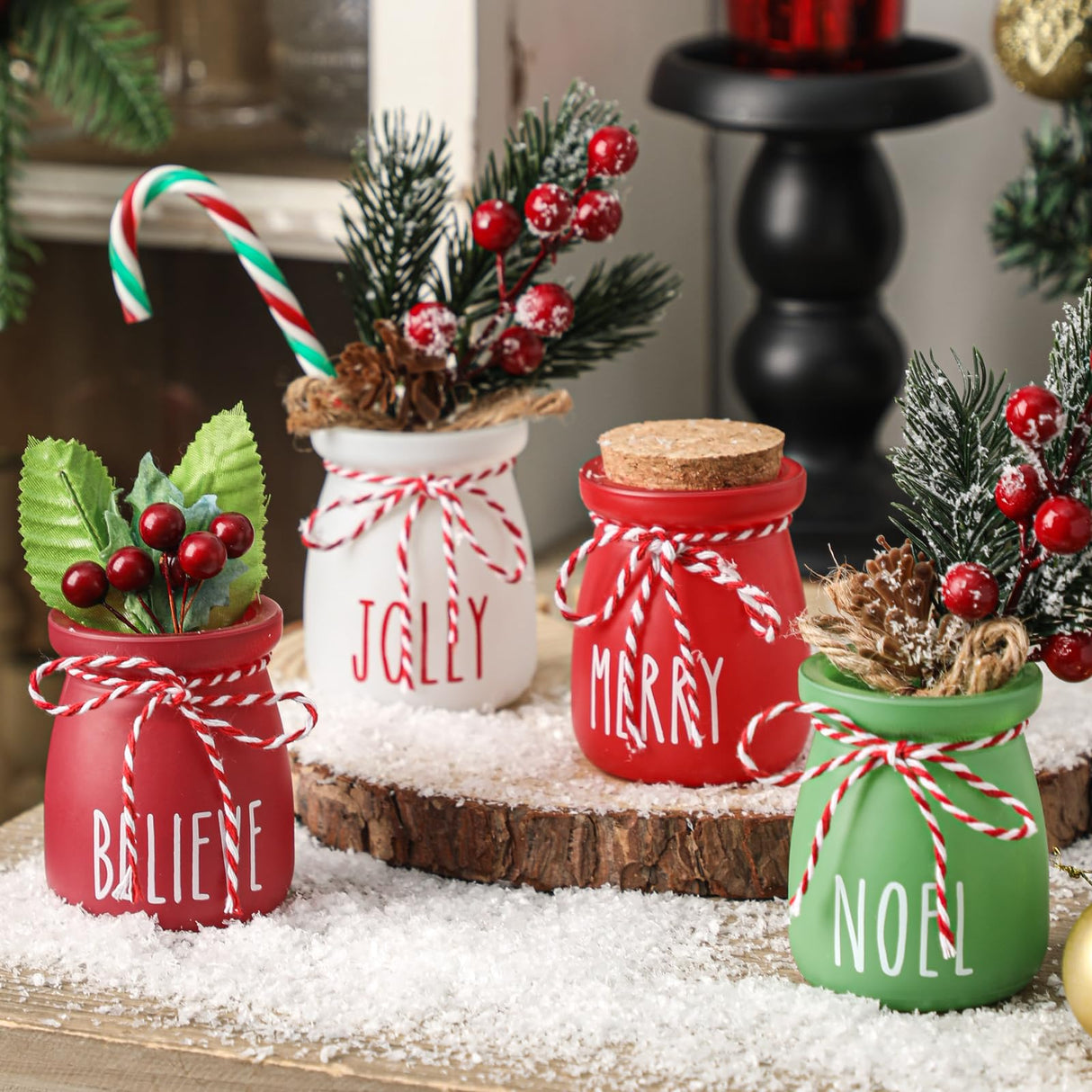 Christmas Mini Mason Jars, Winter Tiered Tray Decor, 4Pcs Holiday Farmhouse Decor Xmas Table Centerpieces Noel Merry & Jolly Decor for Home, Desk, Shelves, Christmas Gift WODOHOLO
