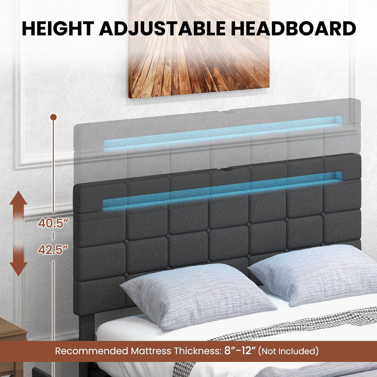 Giantex Grey Upholstered Full Bed Frame with LED Lights, USB Ports and 4 Storage Drawers Giantex