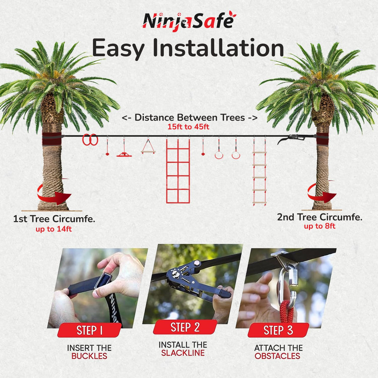 Ninja Obstacle Course for Kids Backyard - 10 Durable Obstacles and 50' Slackline - Outdoor Warrior Obstacle Playset Equipment for Girls & Boys with Monkey Bars, Ladder, Wheel, Gymnastics, Climbing Net NinjaSafe