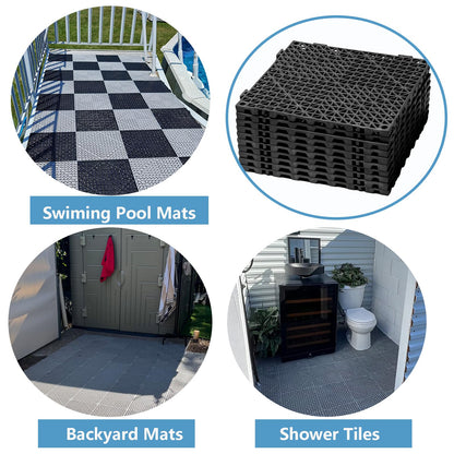 12” x 12” Drainage Interlocking Floor Tiles, 12 Pack Non-Slip Pool Deck Drain Tiles for Flooring, Soft PVC Splicing Modular Cushion Mats, Rubber Floor Tiles with Holes for Shower Basement Garage Shed