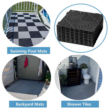 12” x 12” Drainage Interlocking Floor Tiles, 12 Pack Non-Slip Pool Deck Drain Tiles for Flooring, Soft PVC Splicing Modular Cushion Mats, Rubber Floor Tiles with Holes for Shower Basement Garage Shed EVANCENT