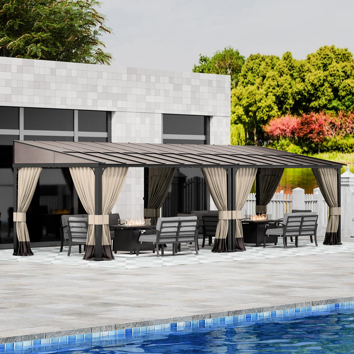 RTDTD 10' x 28' Gazebo，Hard Top Lean to Gazebo Wall Mount Heavy Hardtop Gazebos Outdoor Pergola with Curtains and Netting for Patio Garden Lawn Backyard Deck (Brown) RTDTD