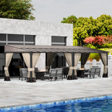 RTDTD 10' x 28' Gazebo，Hard Top Lean to Gazebo Wall Mount Heavy Hardtop Gazebos Outdoor Pergola with Curtains and Netting for Patio Garden Lawn Backyard Deck (Brown) RTDTD