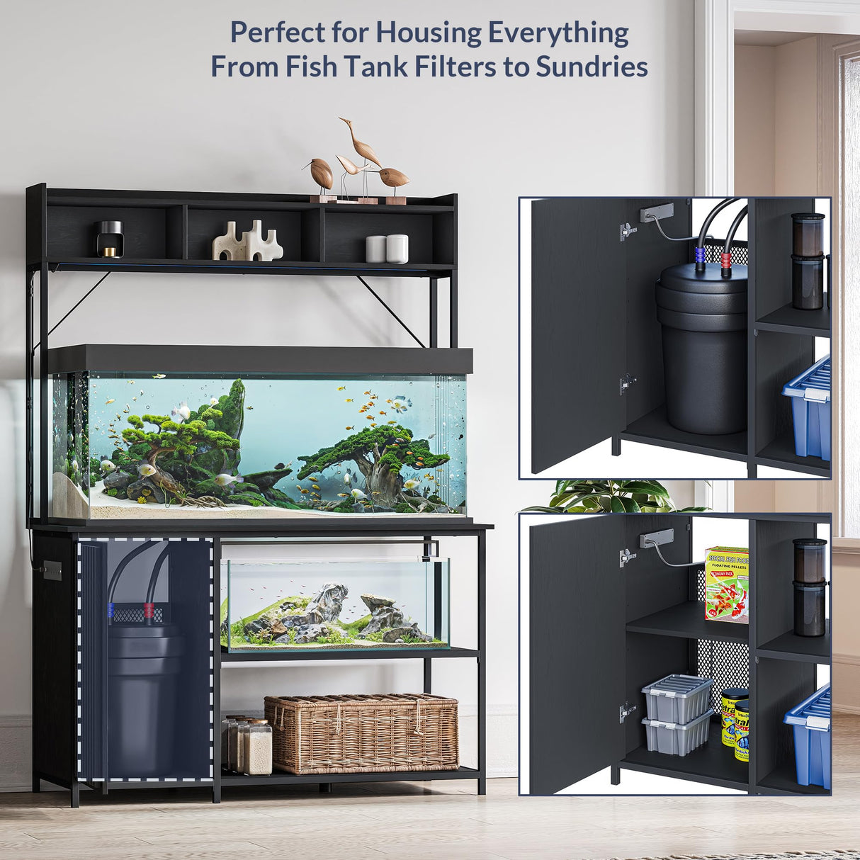 BELLEZE 55-90 Gallon Aquarium Stand with LED Lights, Fluted Cabinet For Fish Tank Accessories Storage, Heavy Duty Metal & Power Outlets, 1200 LBS Capacity, Turtle Tank Reptile Terrarium, Black Ebony BELLEZE