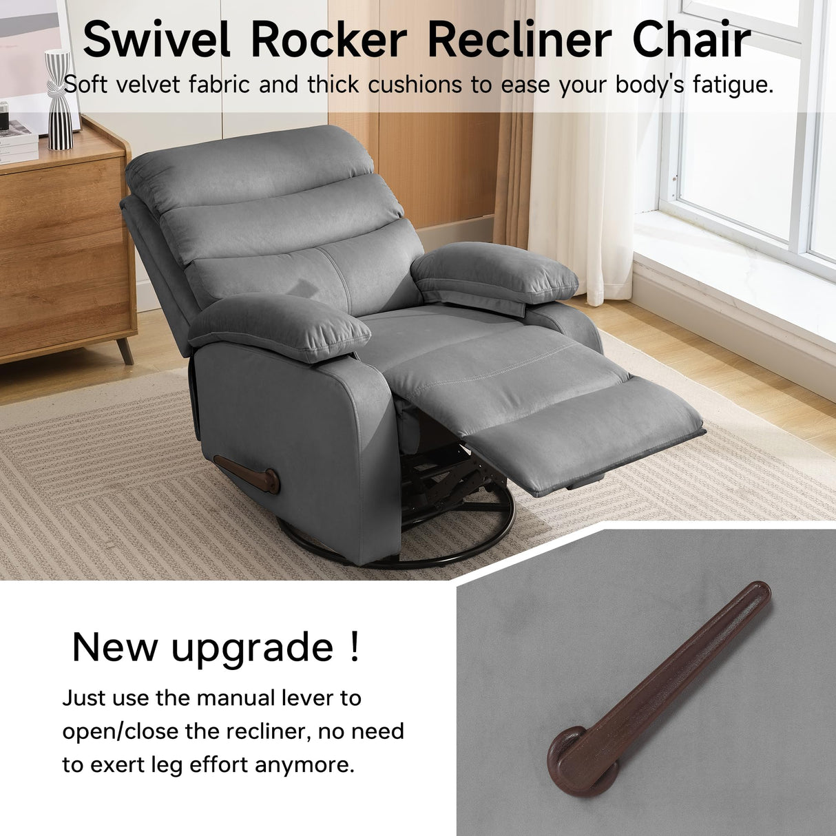 GNMLP2020 Swivel Rocker Recliner Chair for Adults, Rocking Chair Nursery, Manual Small Swivel Recliner Chairs for Small Spaces, Living Room, Nursery, RV, Light Grey GNMLP2020