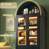 71" Tall Arched Kitchen Pantry, Pantry Cabinet with LED Lights, Kitchen Storage Cabinets with 2 Large Drawers & Adjustable Shelves & Glass Door for Living Room, Dining Room, Black LIMGLIM