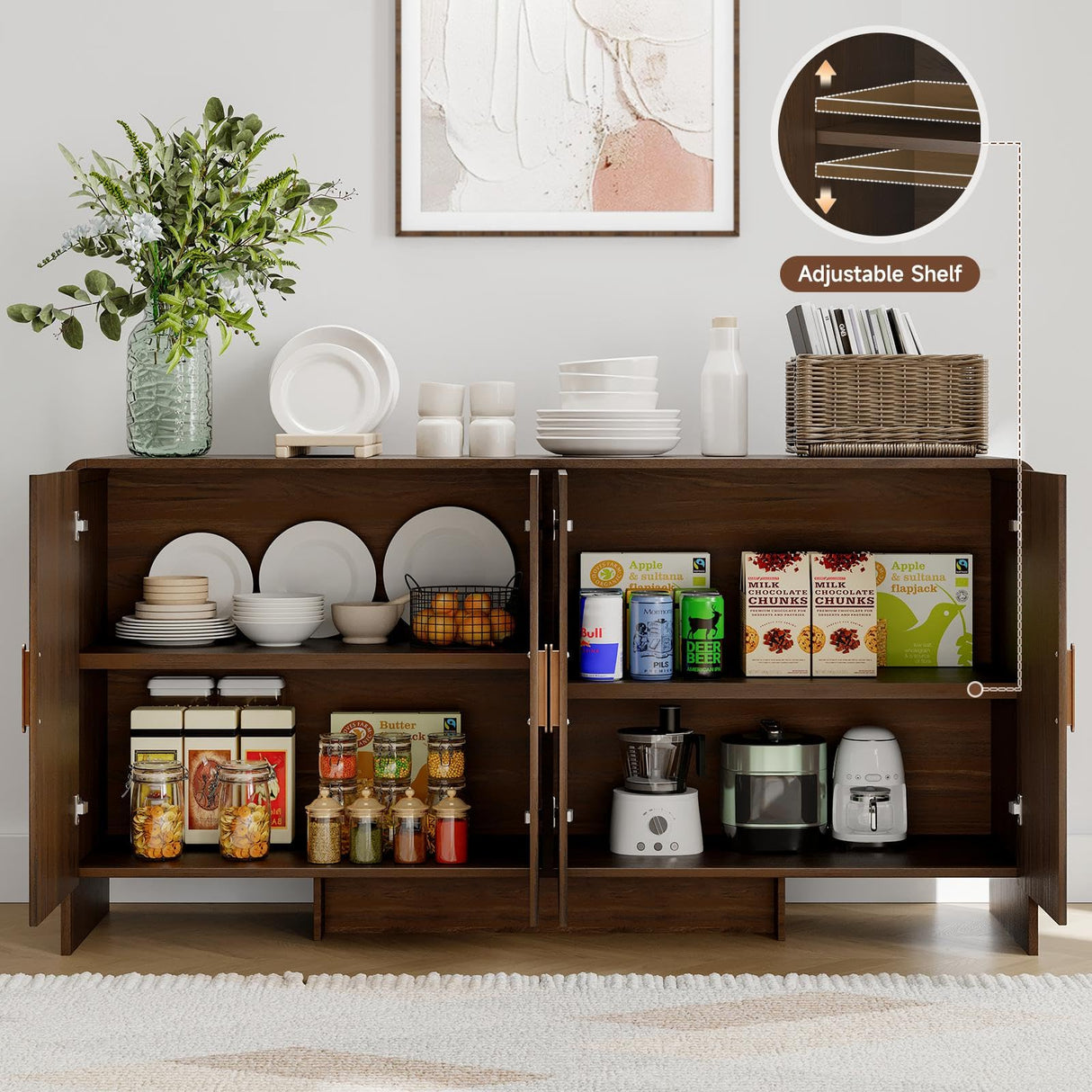 ONBRILL 60" Sideboard Buffet Cabinet with Storage, Curved Design Farmhouse Coffee Bar Cabinet with 4 Doors & Adjustable Shelves for Living Room, Kitchen, Hallway, Walnut ONBRILL