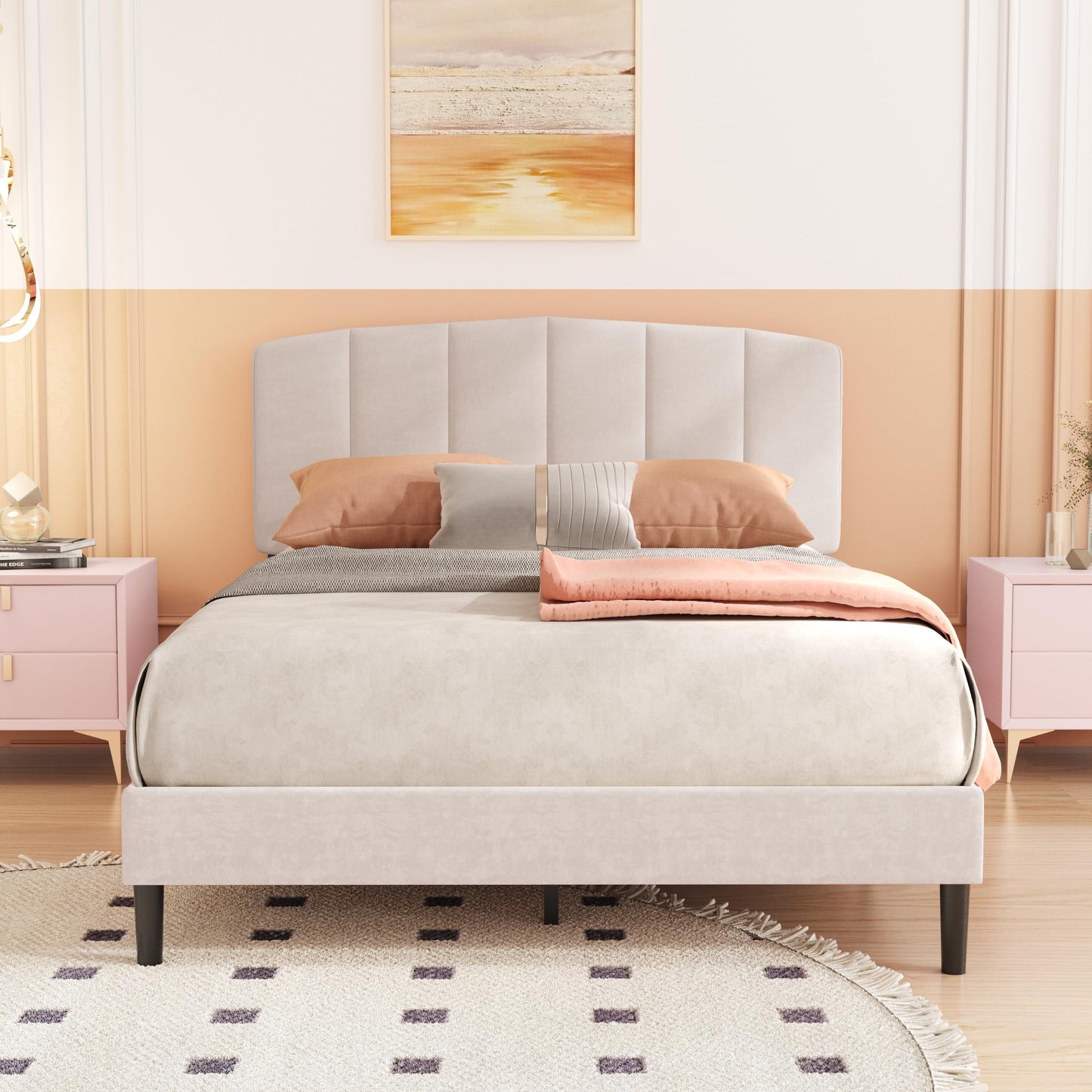 alazyhome Upholstered Full Size Beige Platform Bed Frame with Velvet Upholstered Headboard Wooden Slats Support No Box Spring Needed Easy Assembly