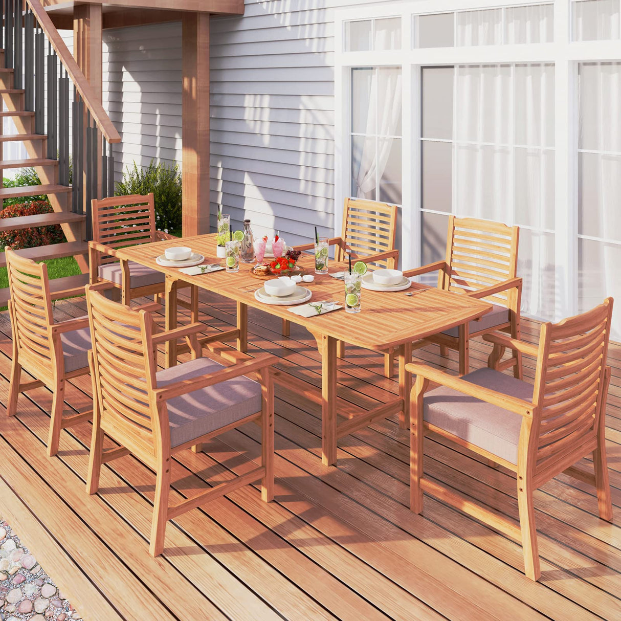 Sophia & William 2 Pieces Acacia Wood Patio Dining Chairs with Cushions, Outdoor Oil Finish Middle Back Wooden Armchairs Set of 2, Natural Wood Chairs for Porch Yard Balcony Deck, Teak Sophia & William