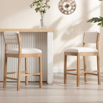 RIVOVA 26" Bar Stools Set of 2 Counter Height Bar Stools for Kitchen Counter, Modern Upholstered Barstools with Back and Wood Legs Linen Stools Farmhouse Island Chairs, Beige