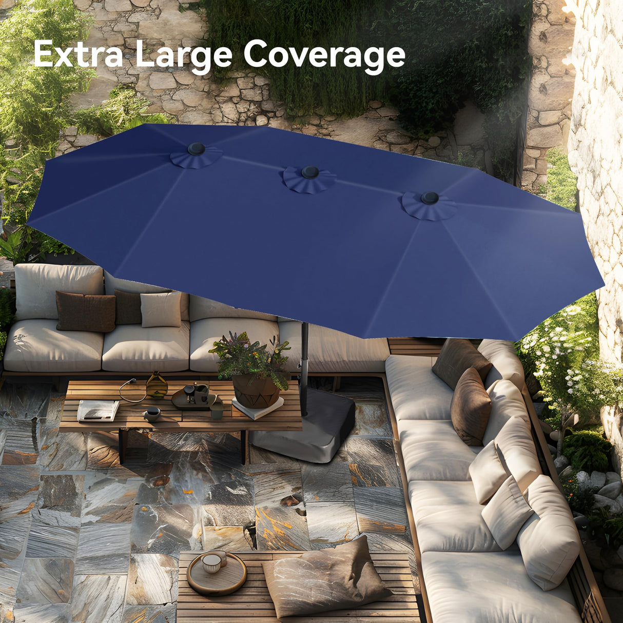 PHI VILLA 15ft Large Patio Umbrellas with Base Included, Outdoor Double-Sided Rectangle Market Umbrella with Crank Handle, for Pool Lawn Garden, Blue PHI VILLA