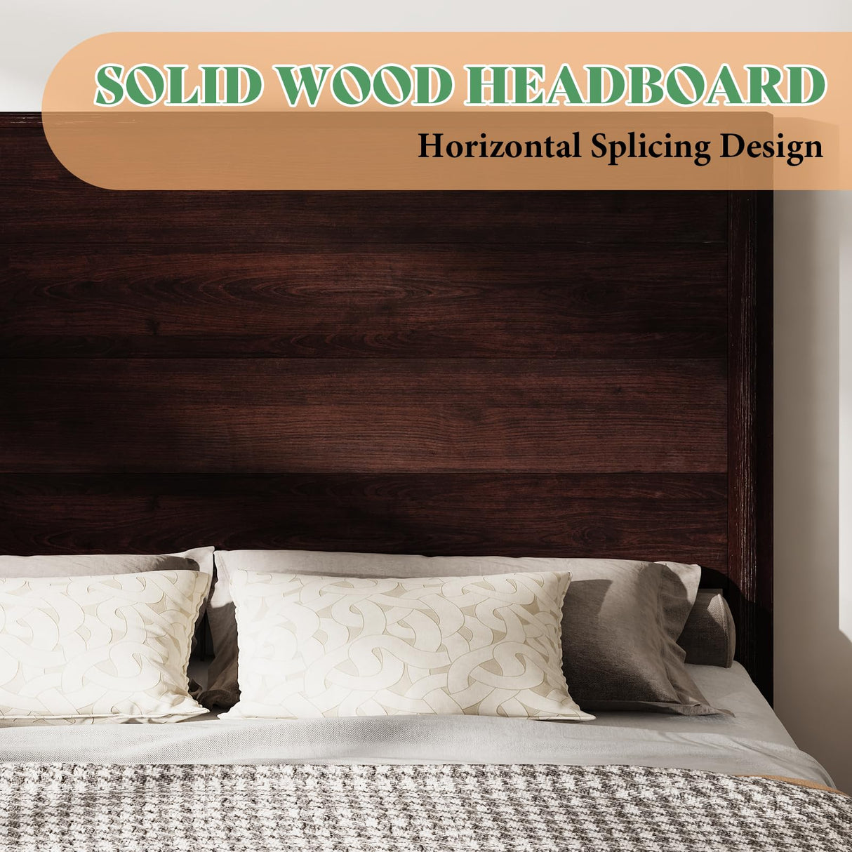 amerlife King Size 51.2" Wood Bed Frame, Rustic Platform Bed with Spliced Headboard, Wood Slats Support/Noiseless/Dark Brown/No Box Spring Needed amerlife