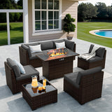VONZOY 8 Pieces Outdoor Patio Furniture Set with 44" Fire Pit Table Rattan Sectional Conversation Sets w/Gas Fire Pit, Coffee Table, 2 Waterproof Covers, Dark Grey VONZOY