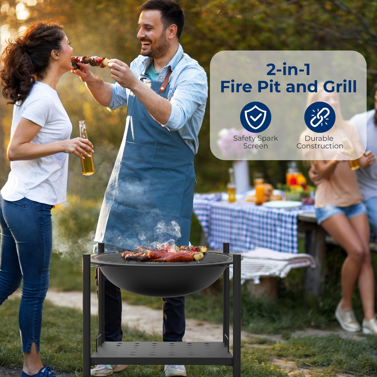 SereneLife 26" Outdoor Fire Pit with BBQ Grill, Mesh Screen, and Wood Storage – Heavy-Duty Steel Frame, Heat-Resistant – Ideal for Bonfires, Camping, and Outdoor Cooking SereneLife