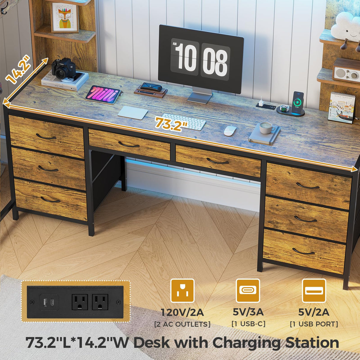 ADORNEVE Twin Loft Bed with Desk and 8 Storage Drawers, Metal Loft Bed Twin Size with LED Lights & Charging Sation, LED Loft Bed with 6 Storage Shelves & Clothes Rail, Full-Length Guardrail, Black ADORNEVE