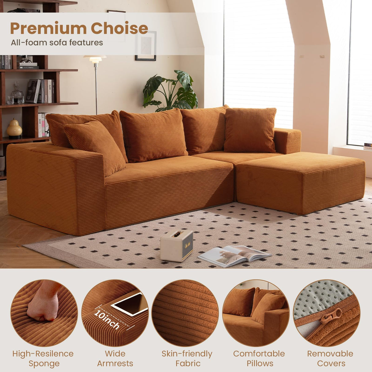 Modular Sectional Sofa, 108" L-Shaped Boneless Couch with Deep Seat, Corduroy Cloud Couch for Living Room, Bedroom, No Assembly Required, Ship in a Box, Orange RUMBALUXY