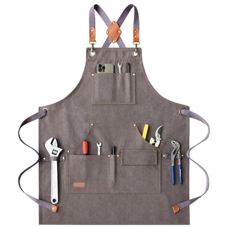 AFUN Work Aprons for Men with Large Pockets, Cotton Canvas Cross Back Heavy Duty Adjustable Tool Apron, Size M to XXL (Grey) AFUN
