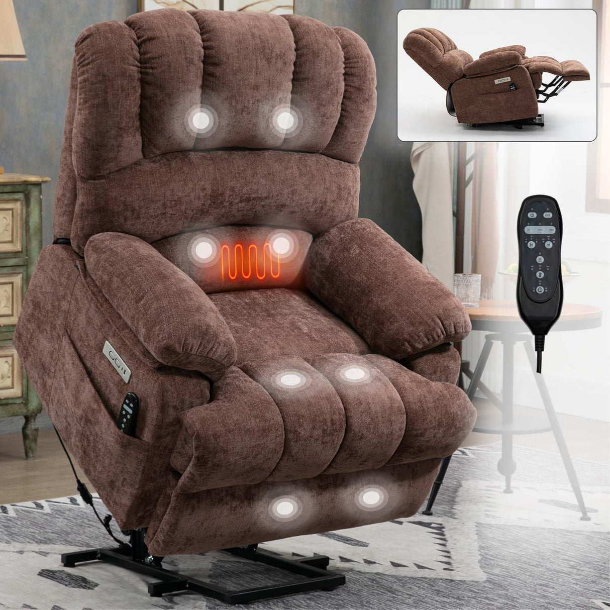 Large Power Lift Recliner Chairs with Massage and Heat for Elderly, Heavy Duty and Safety Motion Reclining Mechanism Chenille Skid Fabric Recliner Chair with USB Ports for Living Room (Dark Brown) MTSVMP