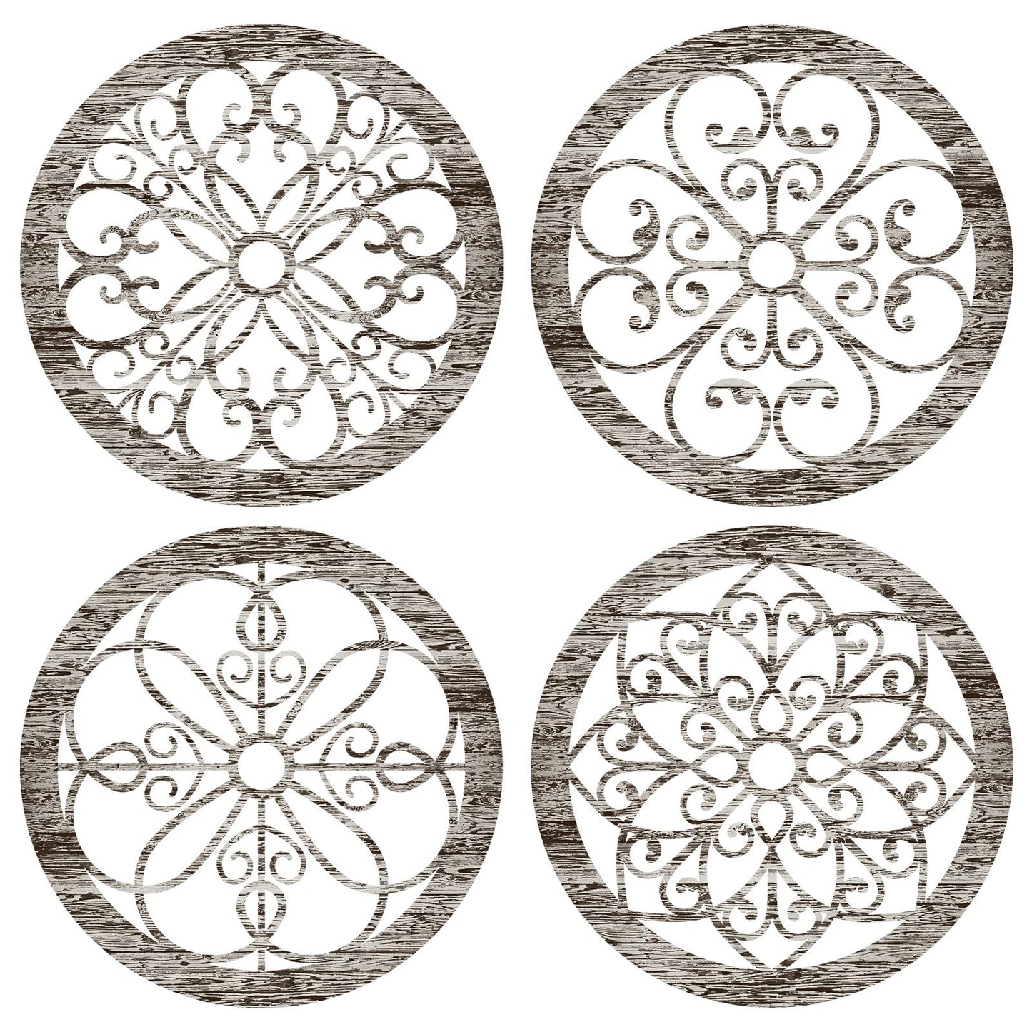 Yulejo 4 Pcs Thicken Rustic Wall Decor Farmhouse Wall Art Wooden Hollow Carved Design Decor Rustic Round Wall Art for Living Room Bedroom Hallway Decor Kitchen Wall (Retro White,9.8 x 9.8 Inch)