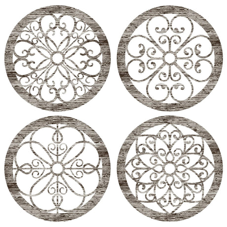 Yulejo 4 Pcs Thicken Rustic Wall Decor Farmhouse Wall Art Wooden Hollow Carved Design Decor Rustic Round Wall Art for Living Room Bedroom Hallway Decor Kitchen Wall (Retro White,9.8 x 9.8 Inch) Yulejo