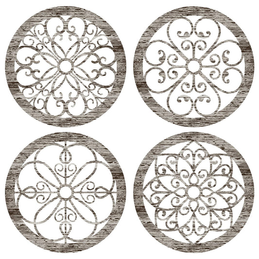 Yulejo 4 Pcs Thicken Rustic Wall Decor Farmhouse Wall Art Wooden Hollow Carved Design Decor Rustic Round Wall Art for Living Room Bedroom Hallway Decor Kitchen Wall (Retro White,9.8 x 9.8 Inch)