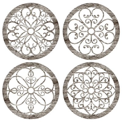 Yulejo 4 Pcs Thicken Rustic Wall Decor Farmhouse Wall Art Wooden Hollow Carved Design Decor Rustic Round Wall Art for Living Room Bedroom Hallway Decor Kitchen Wall (Retro White,9.8 x 9.8 Inch)
