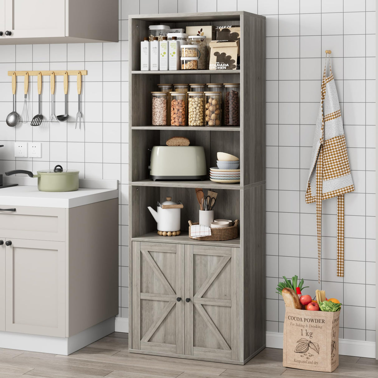 IDEALHOUSE Bookcase with Doors Industrial Bookshelf 11.8in Depth Display Storage Shelves 71.4in Tall Farmhouse Bookcases Wooden 6 Shelf Bookshelvels for Bedroom, Living Room, Home Office, Grey IDEALHOUSE