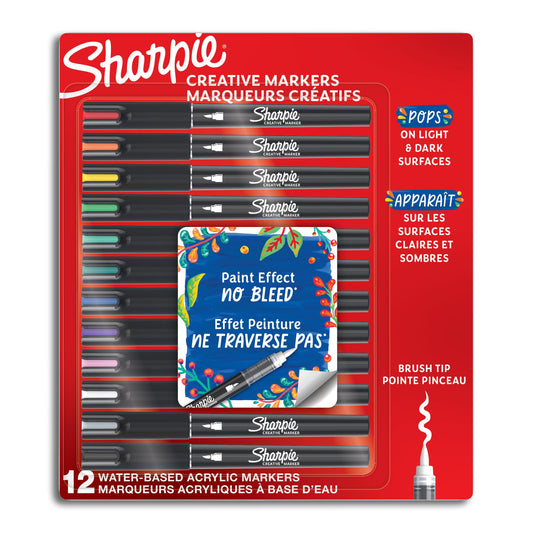 Sharpie Creative Water-Based Acrylic Markers, Brush Tip, Assorted Colors, Pack Of 12 Markers