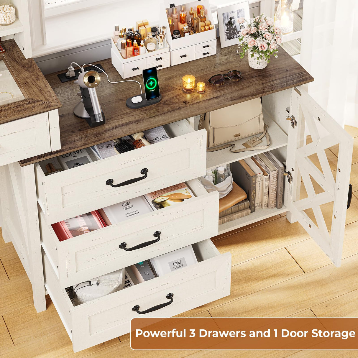 HAUOMS Farmhouse Vanity Desk with Openable Mirror and Lights, White Vanity Table with Drawer Dresser, Glass Top and Charging Station, Large Makeup Desk with 5 Drawers, 9 Shelves, Antique White HAUOMS