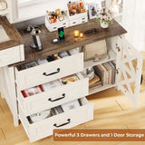 HAUOMS Farmhouse Vanity Desk with Openable Mirror and Lights, White Vanity Table with Drawer Dresser, Glass Top and Charging Station, Large Makeup Desk with 5 Drawers, 9 Shelves, Antique White HAUOMS