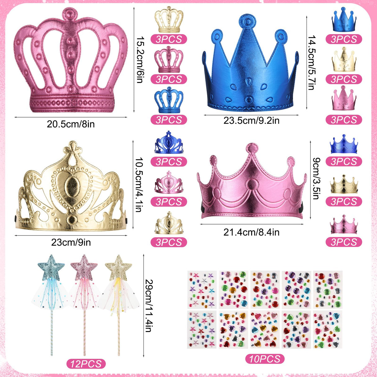 Hlimior 34 Pcs Foam Princess Party Crowns Kit, 12 DIY Princess Party Tiaras Crown Making Kits with 12 Fairy Wands 10 Diamond Stickers for Classroom Birthday Favors and Supplies (Gold, Pink, Blue) Hlimior