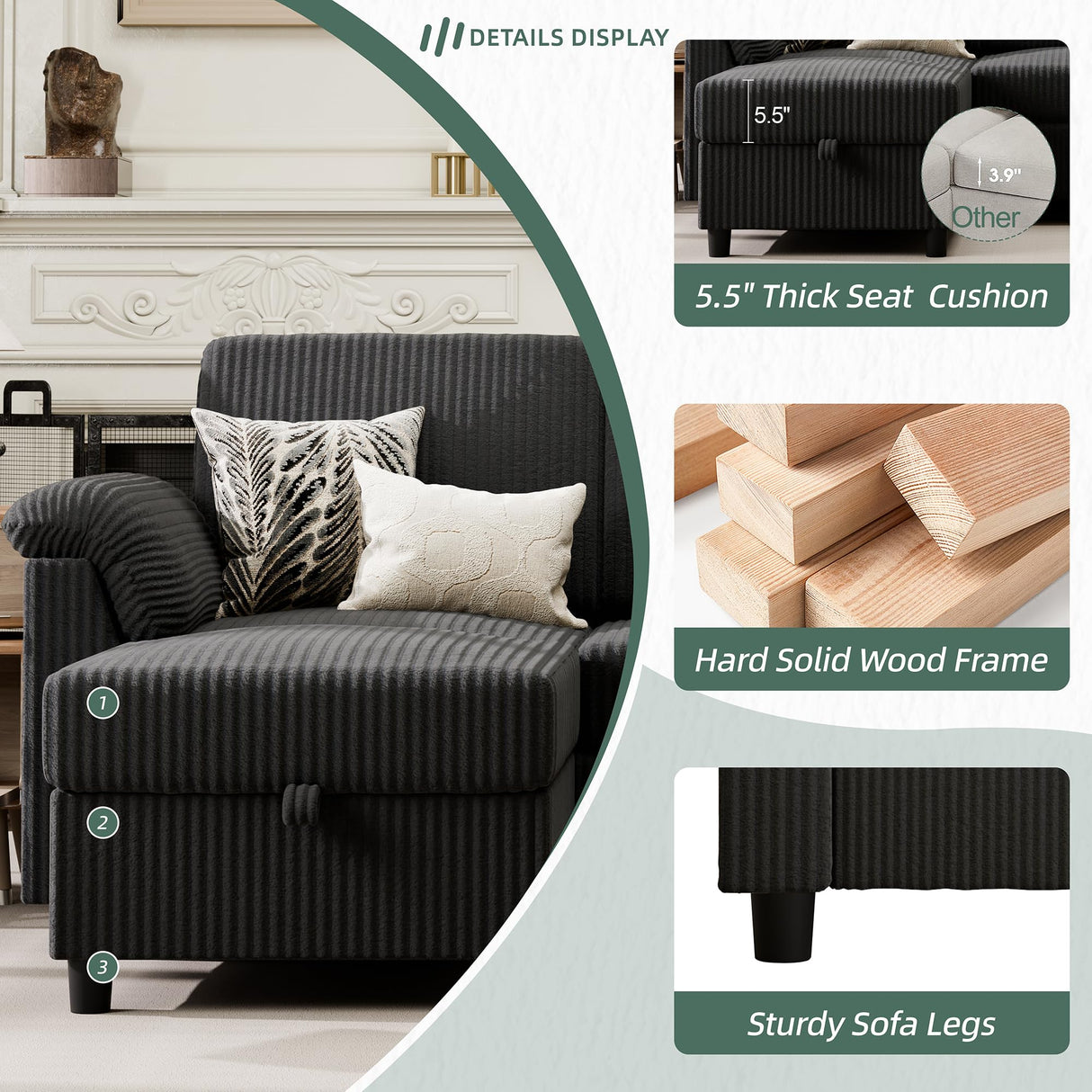 Vongrasig Convertible Sectional Couches, 3 Seat L Shaped Couch Sofa with Removable Pillows Linen Fabric Small Couch Mid Century for Living Room, Apartment and Office Black Vongrasig