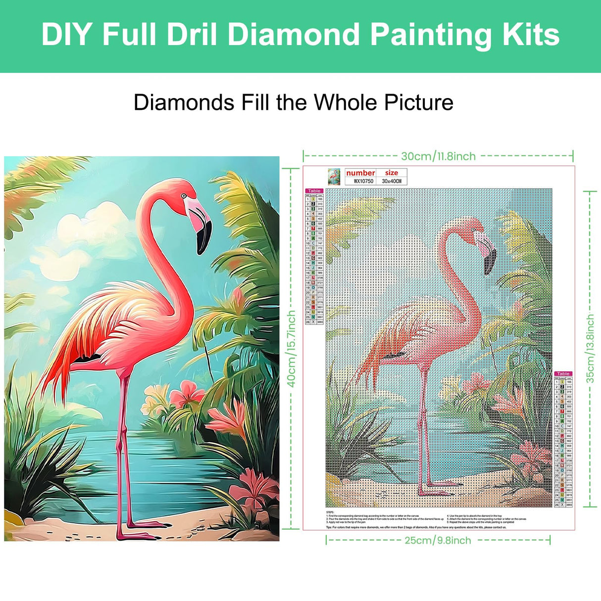 HEIBAGO Flamingo Diamond Art Kits for Adults, 5D Full Drill Round Bird Painting Gems with Beach Diamond Painting, Diamond Dots Perfect for Home Wall Decor 12x16inch HEIBAGO