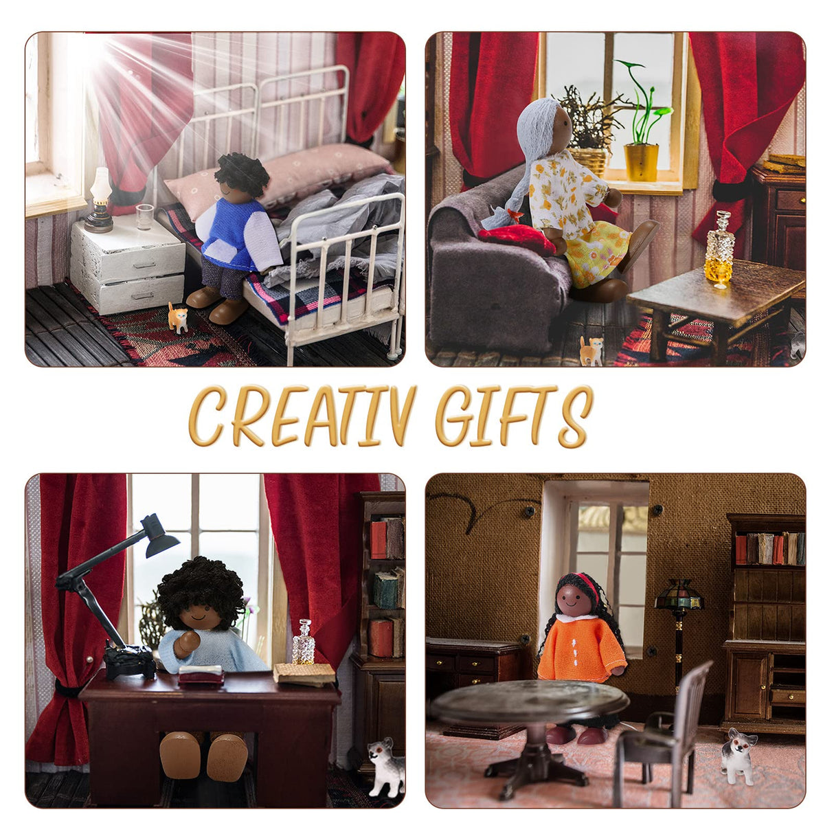 20 Pcs Wooden Dollhouse Family Set of 16 Mini People Figures and 4 Pets, Dollhouse Dolls Wooden Doll Family Cosplay Figures Accessories for Pretend Dollhouse Toy (Cute Style) Skylety