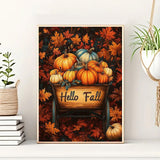 Hello Fall Pumpkin Leaf Cart Diamond Art Kits for Adults, 5D Diamond Painting Kits for Adults Beginners, DIY Full Round Drill Diamond Dot Painting Gem Art Kits for Adult,Home Wall Decor 11.8x15.7 Inch VCLKDIY