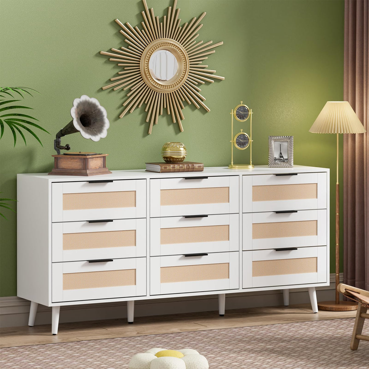 UEV Rattan 9 Drawer Triple Dresser for Bedroom,63" White Dresser TV Stand for TVs up to 75",Wide Chest of Drawers,Large Storage Long Dresser with Modern Rattan Drawers for Living Room UEV