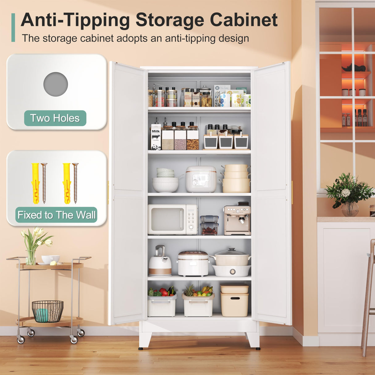 Metal Pantry Cabinet with 2 Doors and 5 Adjustable Shelves, 75" Kitchen Storage cabinets with Gold Handles, Versatile Storage for Laundry Room, Living Room, Bathroom, Dinning Room, Utility Room-White winiowa