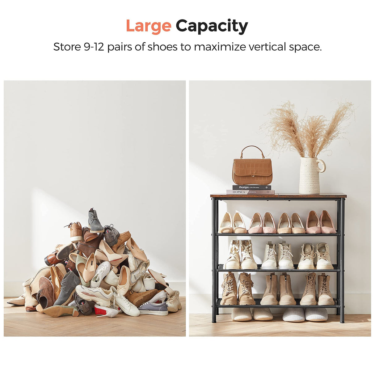 VASAGLE Shoe Rack, 4 Tier Shoe Storage Rack for 9-12 Pairs of Shoes, Shoe Organizer for Entryway, with 3 Fabric Shelves and Wooden Top, Steel Frame, Industrial, Rustic Brown and Black ULBS035B01 VASAGLE