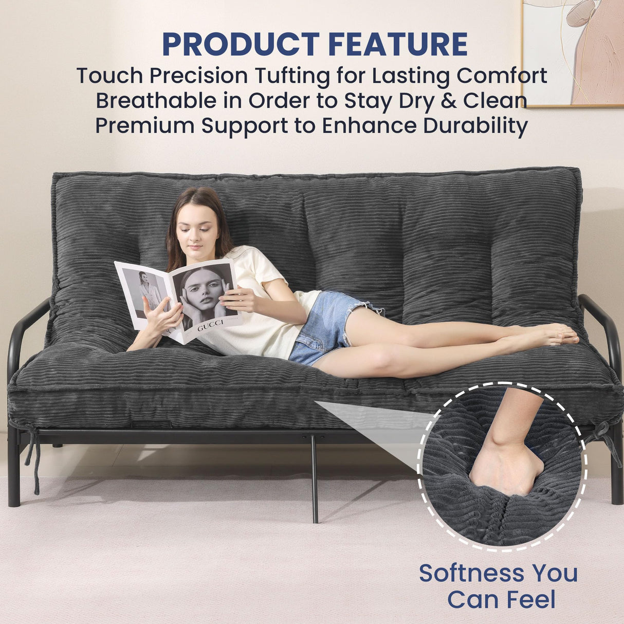 cidludto 8 Inch Futon Mattress Full Size, Extra Thick Futon Sofa Bed Upgraded Japanese Floor Mattress Floor Futons Mattress for Adults Foldable Japanese Futon Mattress 8", Grey cidludto