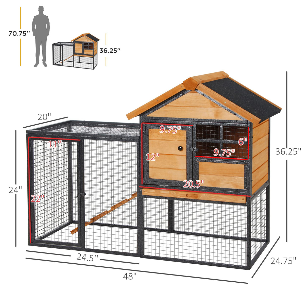 PawHut 2-Level Rabbit Hutch Bunny House with Weatherproof Hinged Asphalt Roof, Removable Tray and Ramp for Outdoor PawHut