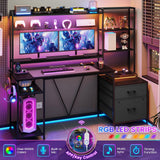 Gaming Desk with Hutch, 65in Reversible Computer Desk with Power Outlets LED Light, Home Office Desk with Monitor Stand 2 Drawers 4 Storage Shelves Pegboard 8 Hooks Mouse Pad(Carbon Fiber Black) UPOSOJA