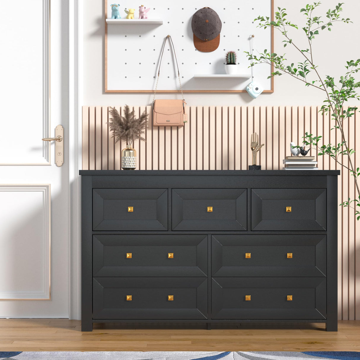 Wodeer Black 7 Drawers Dresser for Bedroom,Wood Farmhouse Storage Chest of Drawers, Dresser with Metal Handles,Dressers Organizer for Bedroom, Living Room,Hallway,Nursery,Black Wodeer