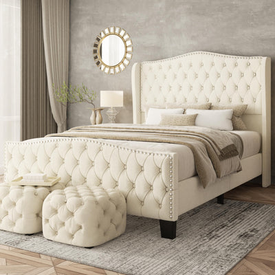 SwnftWinnt Queen Bed Frame Velvet Upholstered Platform Bed Frame with Button Tufted Tall Wingback Headboard, Low Profile, Nailhead Trim, No Box Spring Needed, Noise Free, Beige