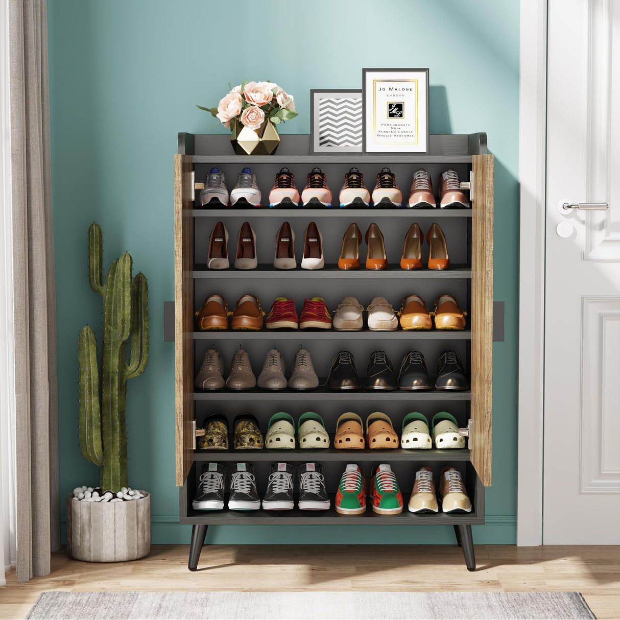 Tribesigns Shoe Cabinet with Doors, 7-Tier Shoe Storage Cabinet with Adjustable Shelves, Wooden Shoes Rack Shoe Storage Organizer for Entryway, Hallway, Closet, Living Room, Rustic Brown Tribesigns
