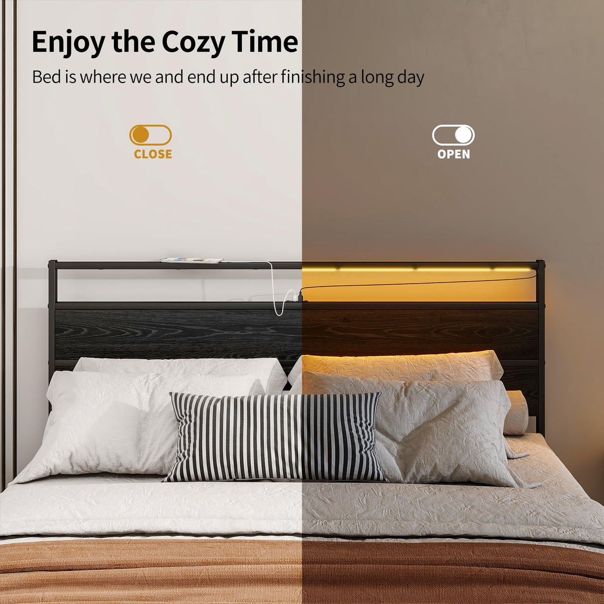 HOJINLINERO Queen Bed Frame with Headboard, LED Lights & Charging Station - Heavy Duty Metal Platform Bed HOJINLINERO