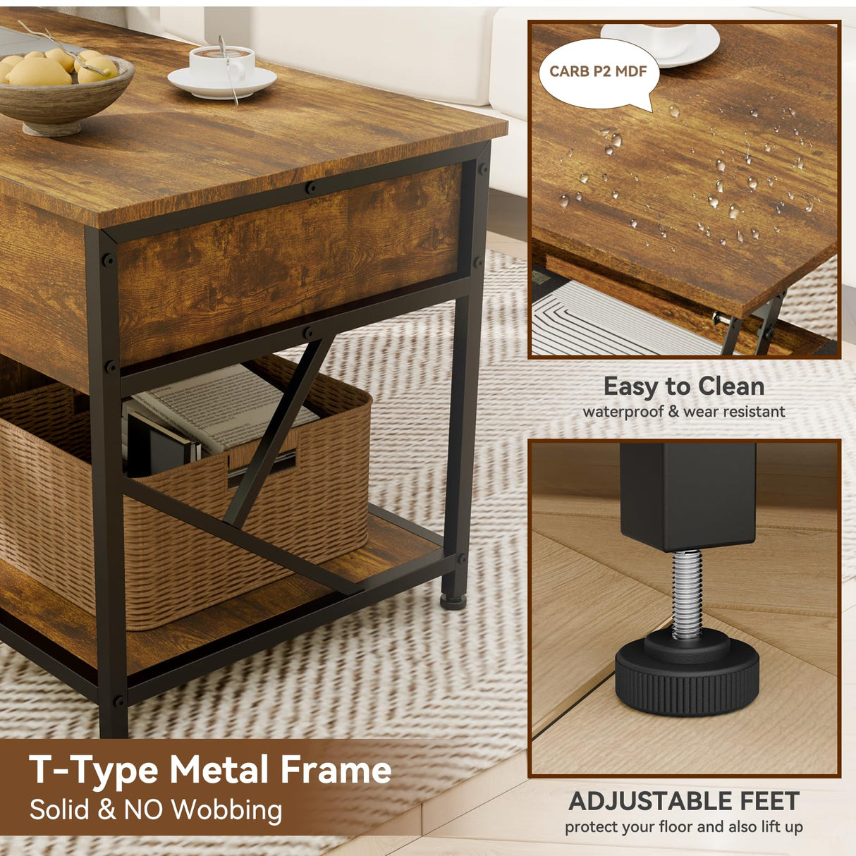 Coffee Tables for Living Room, 47.2 inches Lift Top Coffee Table with Storage, Farmhouse Modern Rustic Brown Living Room Tables EDWINENE