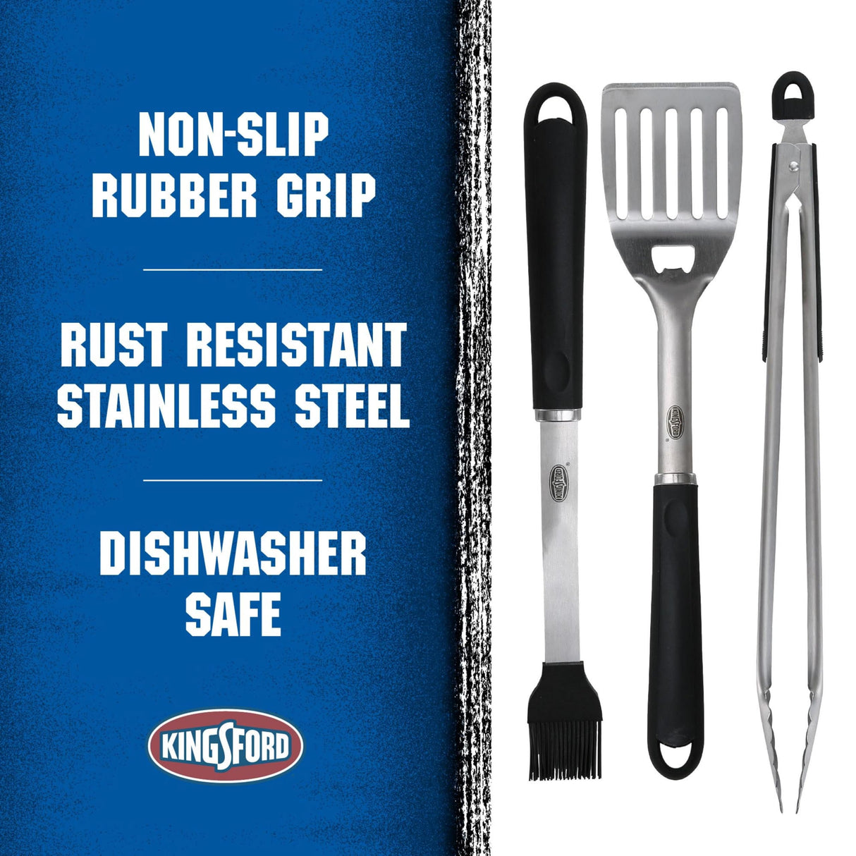 Kingsford Stainless Steel 3 Piece BBQ Tool Set | BBQ Tongs, BBQ Basting Brush, and BBQ Spatula | Rust Resistant Stainless Steel, Grilling Tools for All Grills Kingsford