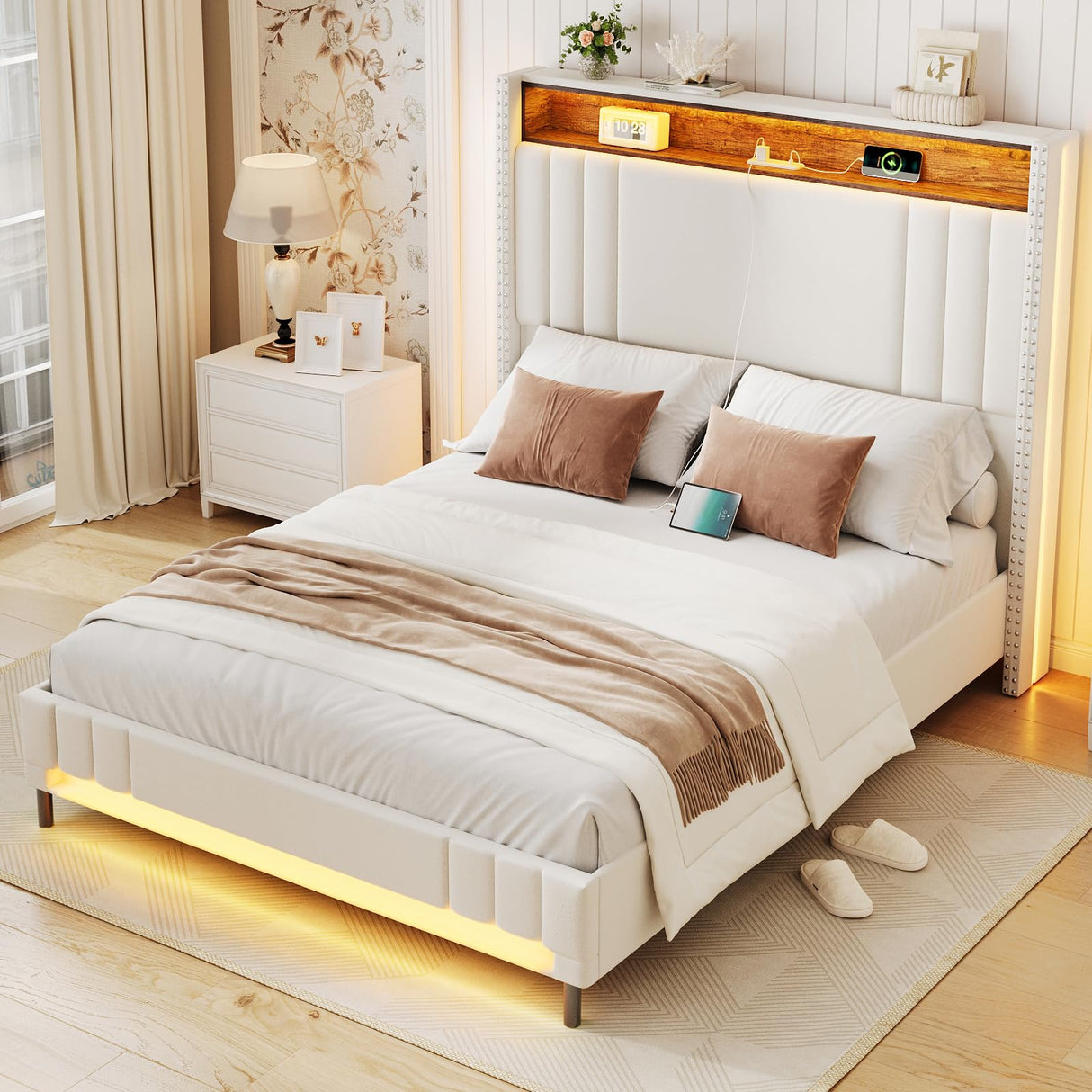 Fameill King Size LED Bed Frame with 51.6" Tall Headboard, Upholstered Platform Bed with Charging Station & Storage, No Box Spring Needed, Easy Assembly, Sturdy and Noise-Free, Beige Fameill